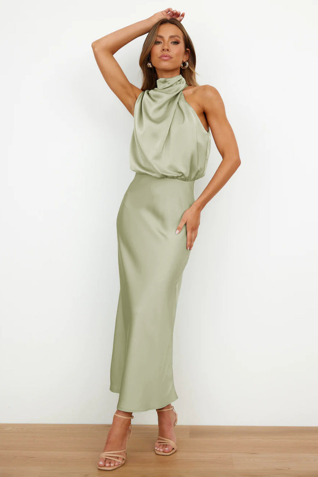 Renee | Long satin halter neck dress