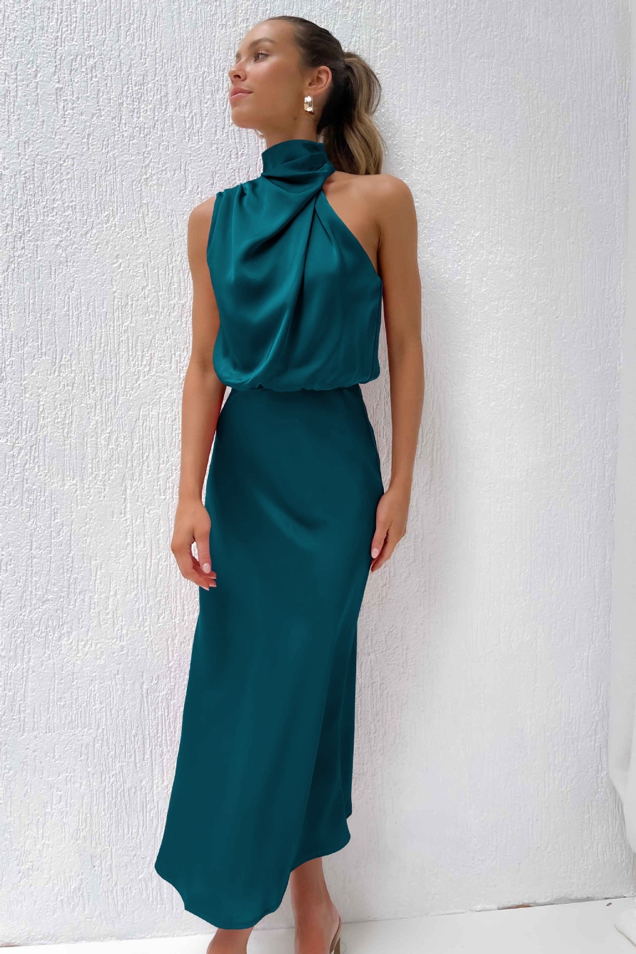 Renee | Long satin halter neck dress
