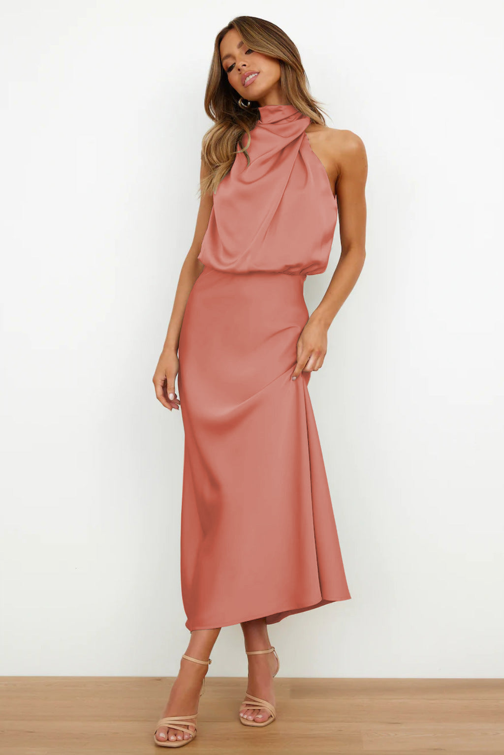 Renee | Long satin halter neck dress