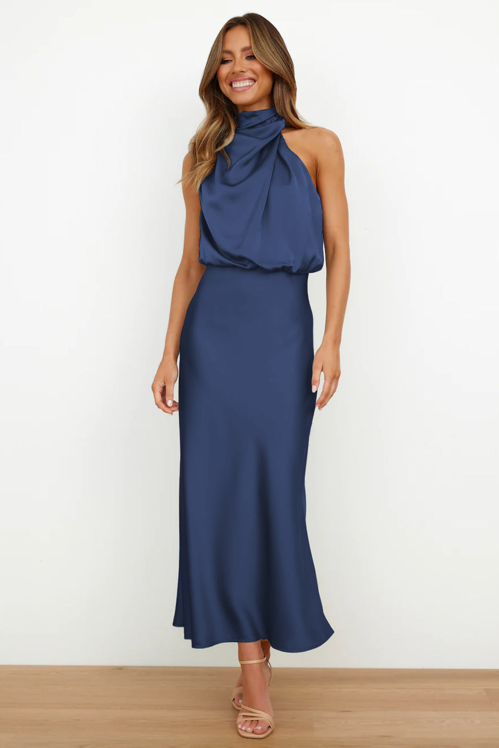 Renee | Long satin halter neck dress