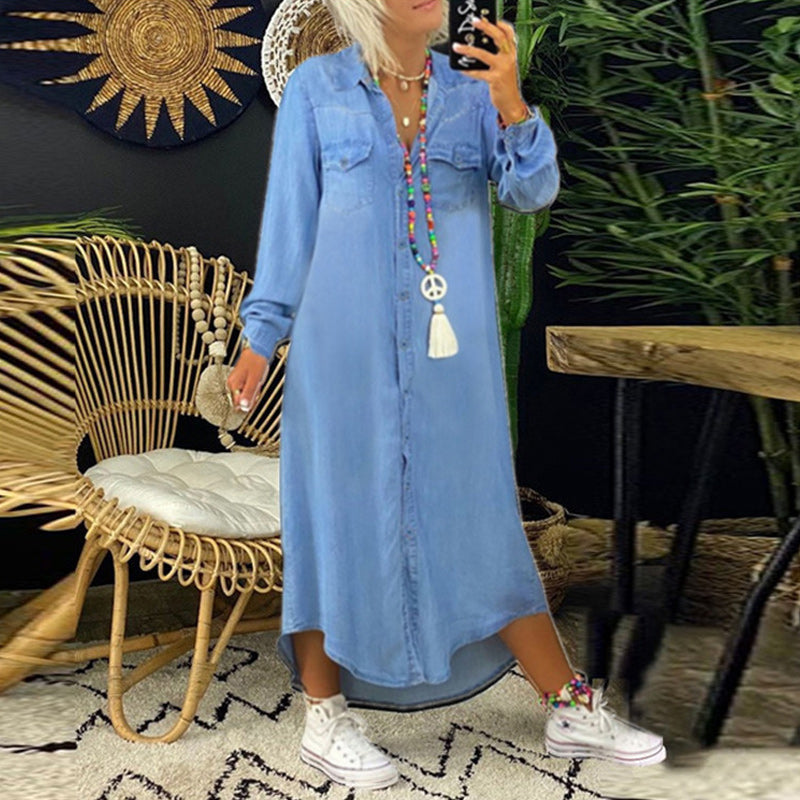 Sarah™ - Avslappnad Långärmad Maxiklänning i Denim