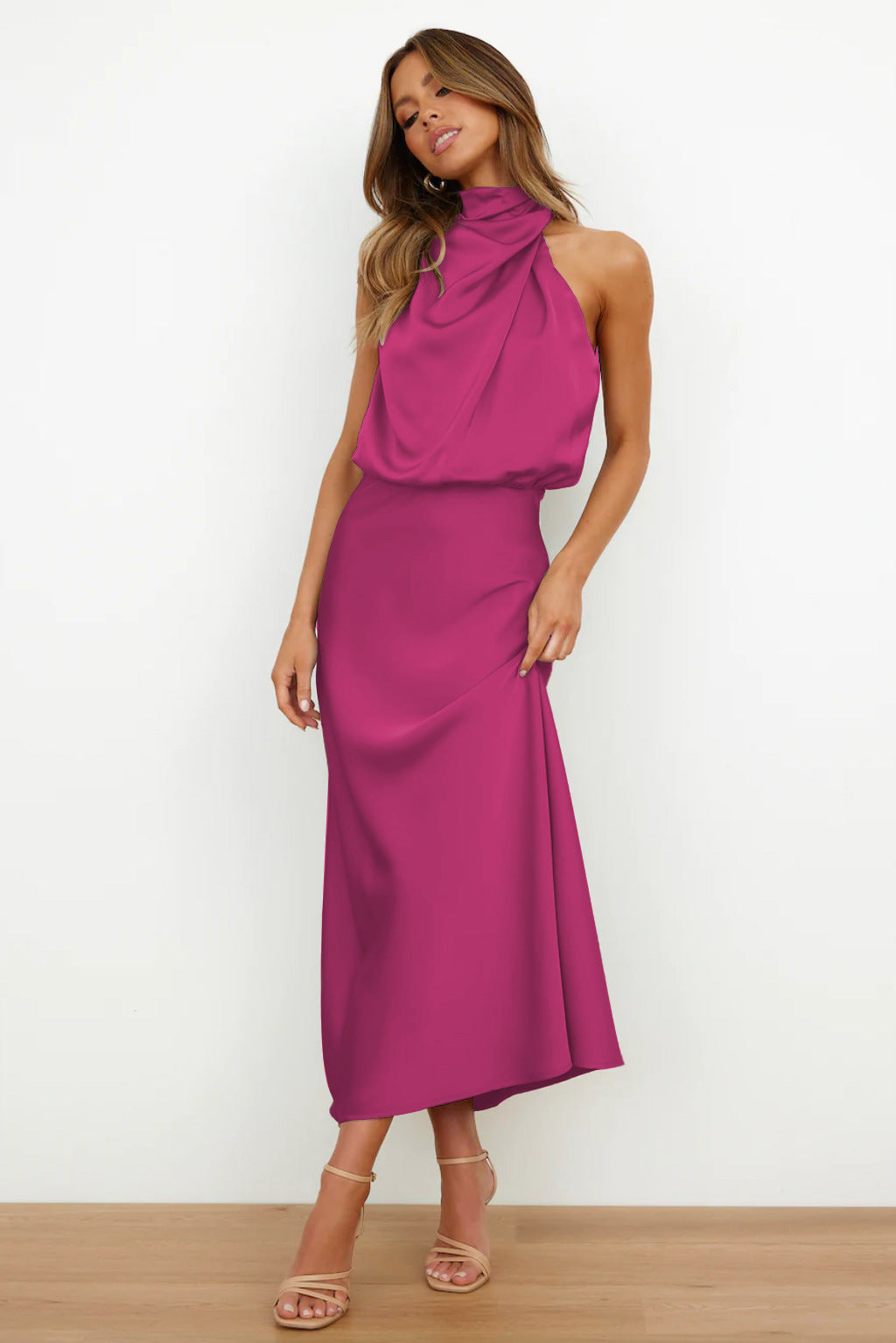 Renee | Long satin halter neck dress