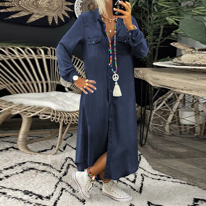 Sarah™ - Avslappnad Långärmad Maxiklänning i Denim