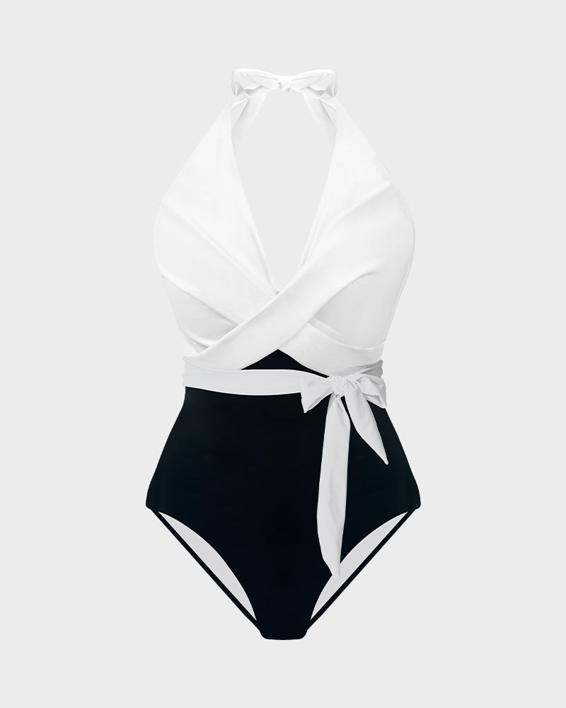 Halter Neck Twisted Belted One-Piece Swimsuit