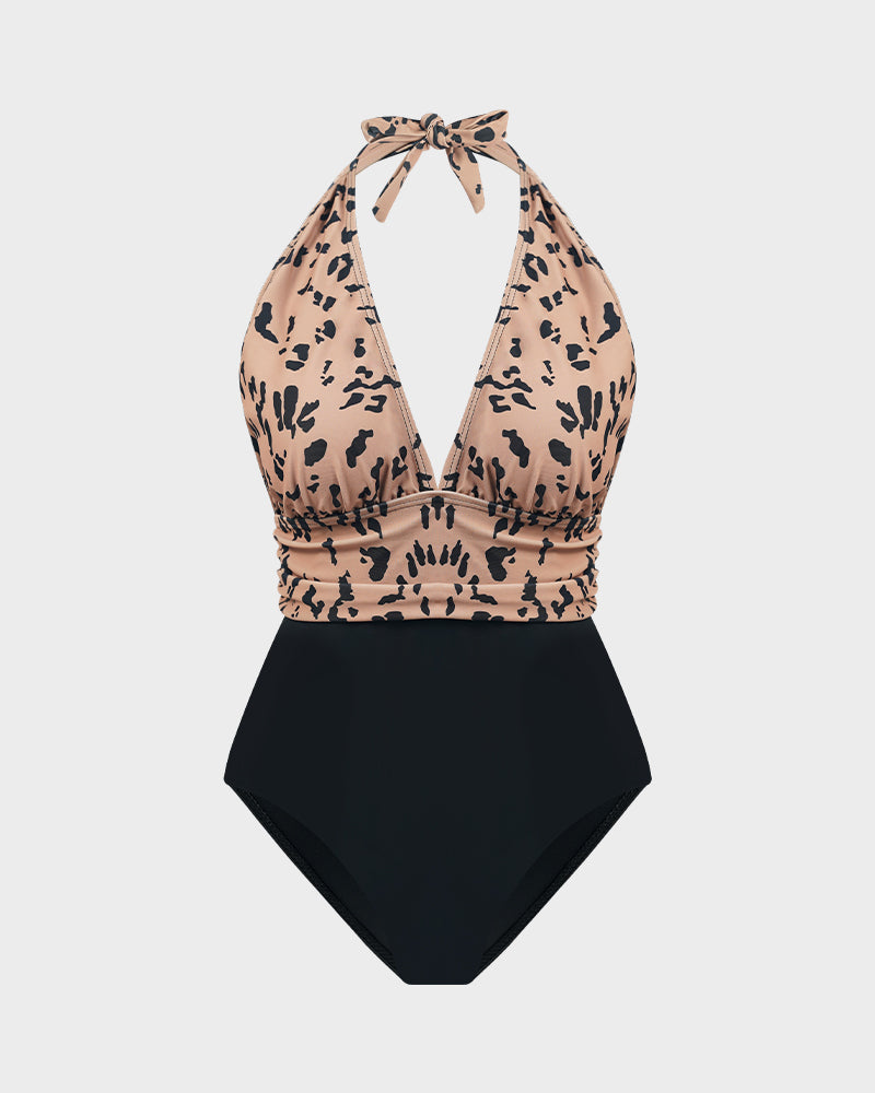 Deep V Halter Neck Leopard Print Swimsuit
