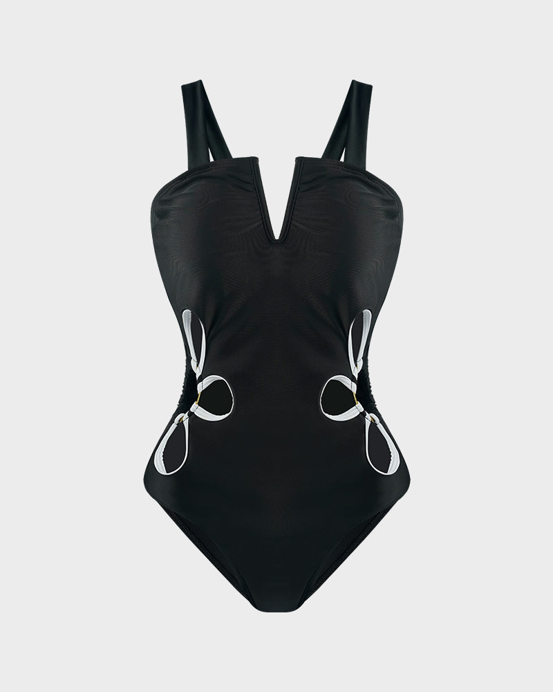 Floral Cut-Out Deep V One-Piece Swimsuit