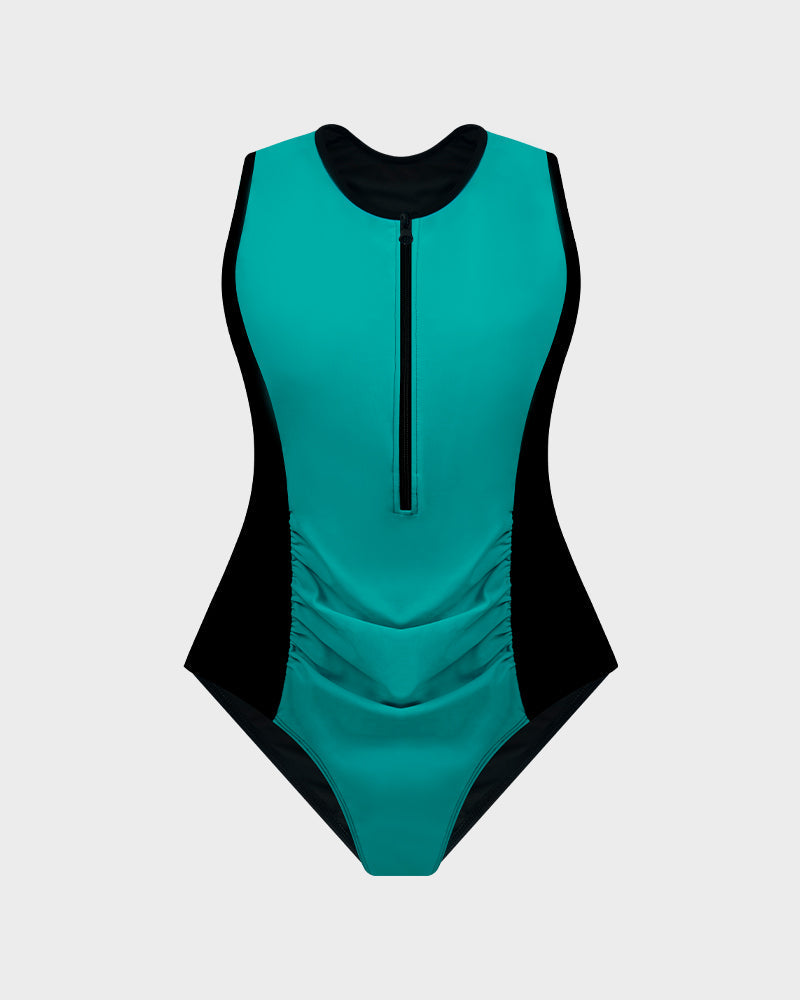 Sporty Color-Blocked Front Zip Swimsuit