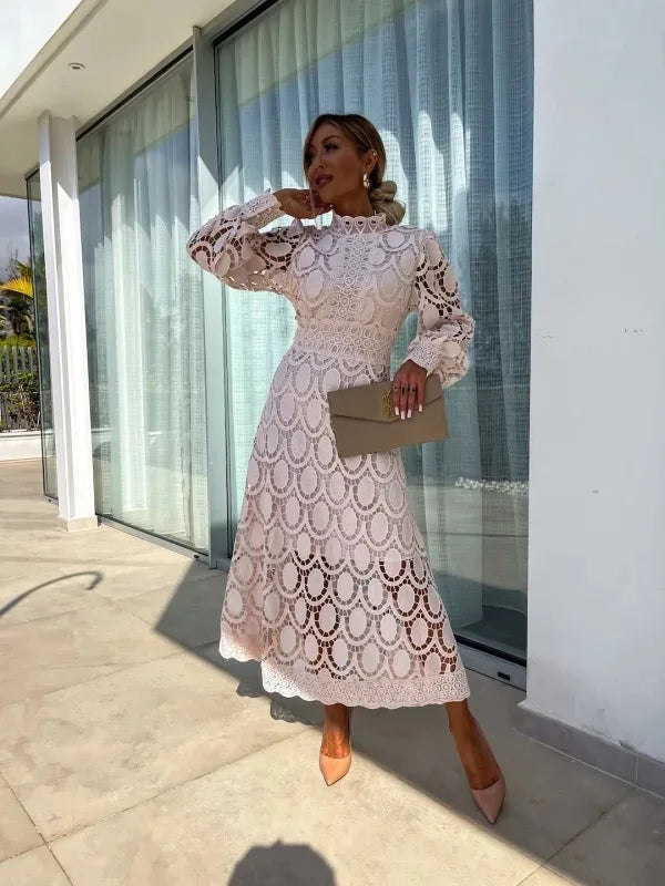 Blanca  - Long Lace Dress with High Neck and Puffed Sleeves