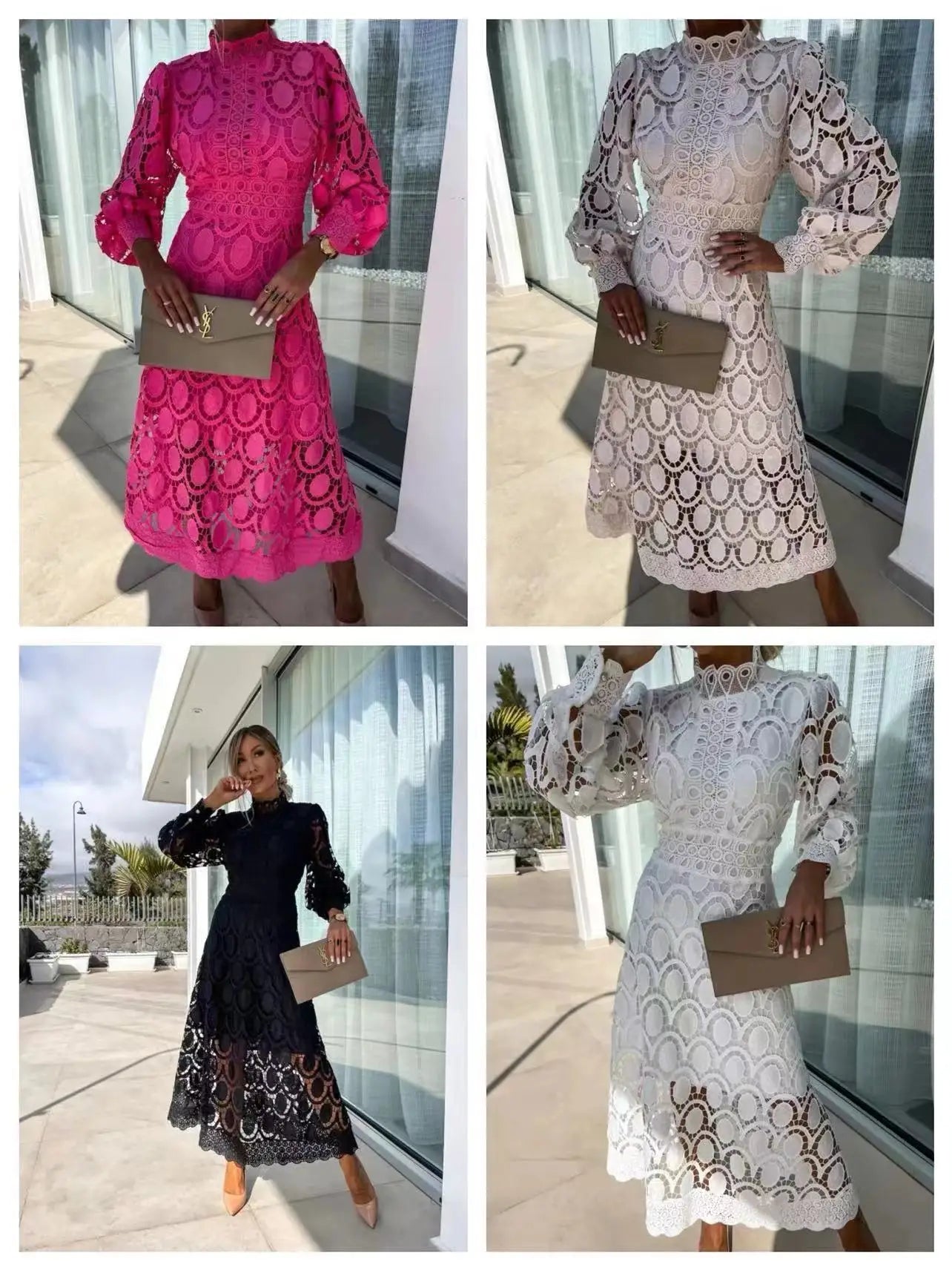 Blanca  - Long Lace Dress with High Neck and Puffed Sleeves