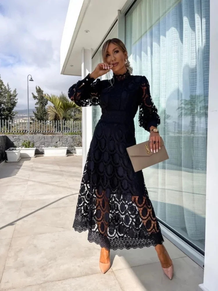 Blanca  - Long Lace Dress with High Neck and Puffed Sleeves