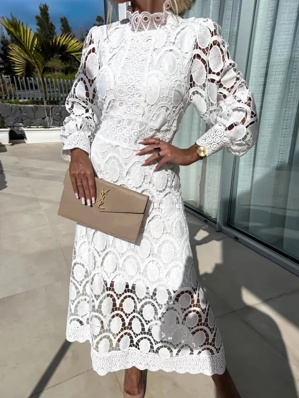 Blanca  - Long Lace Dress with High Neck and Puffed Sleeves