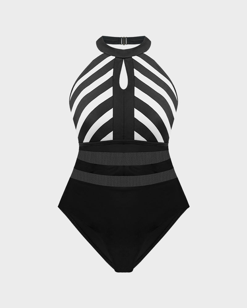 Striped Halter Neck Mesh Insert One-Piece Swimsuit