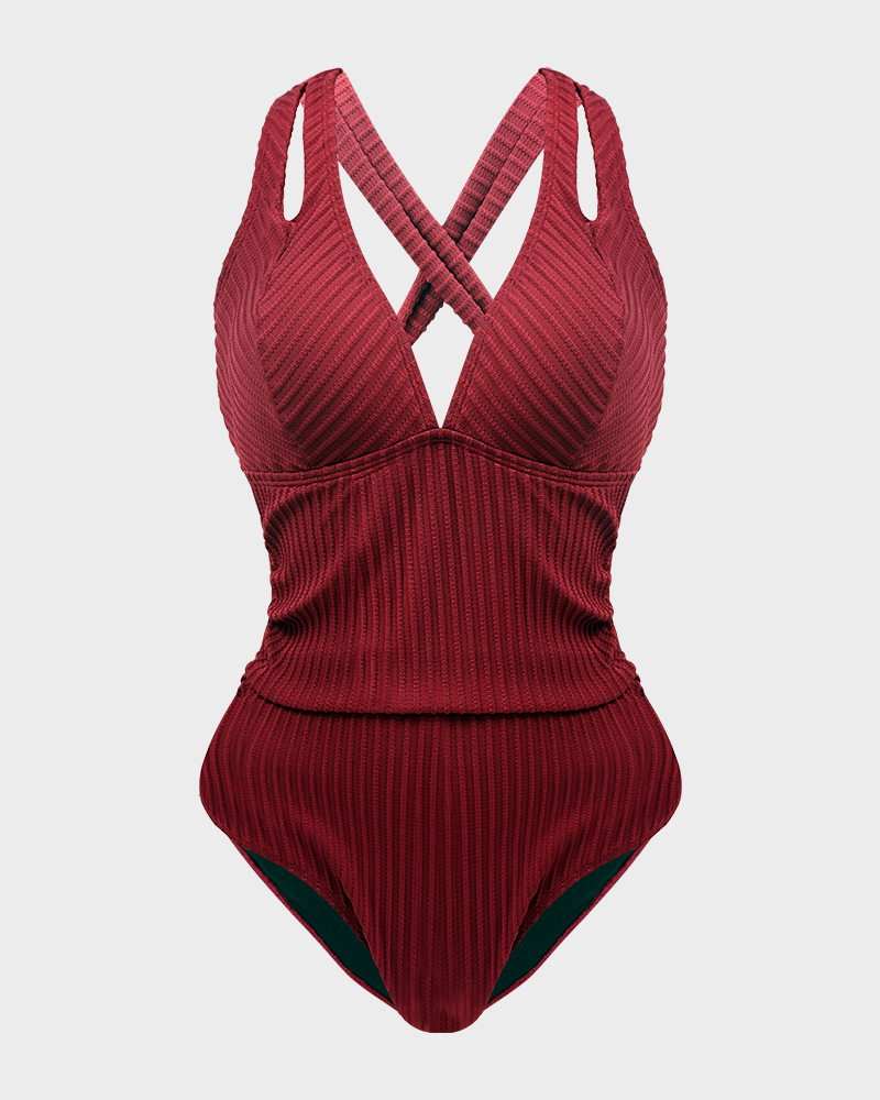 Ribbed Deep V Cross Back Tie One-Piece Swimsuit