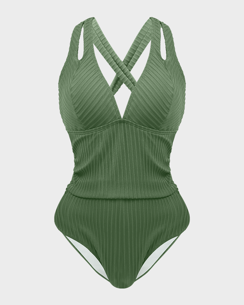 Ribbed Deep V Cross Back Tie One-Piece Swimsuit