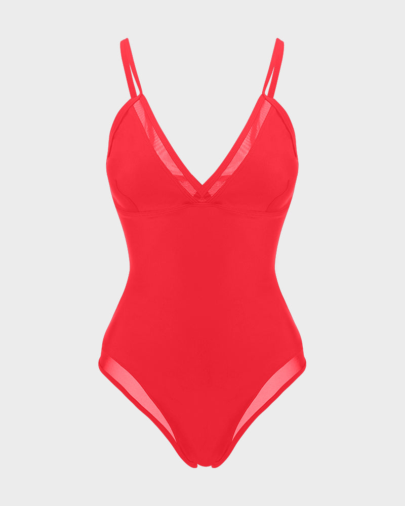 Deep V Mesh Insert Lace-Up Sculpting Swimsuit