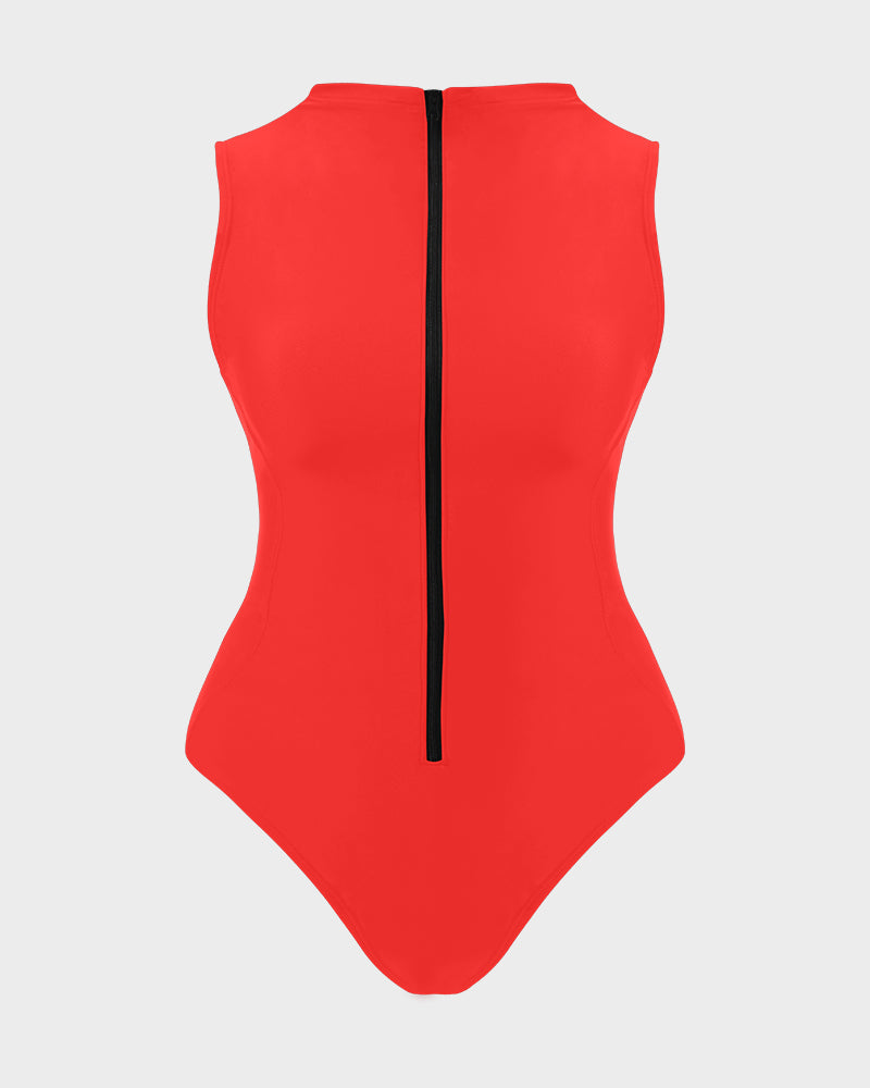 Zip Front High Neck Lace-Up Back Sculpting Swimsuit