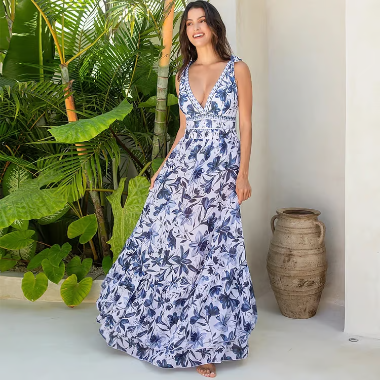 Cari - V Neck Floral Print One-Piece Swimsuit Set