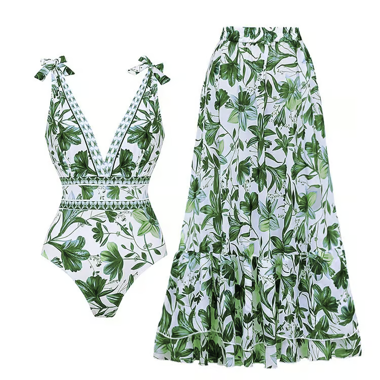 Cari - V Neck Floral Print One-Piece Swimsuit Set