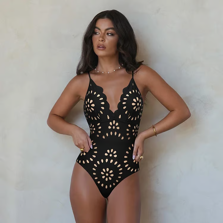 Keri - Laser Cutting Flower Hollow Flared Skirt Swimsuit Set