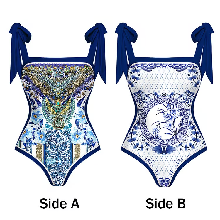 Rina - Reversible Tie-shoulder One Piece Swimsuit Set