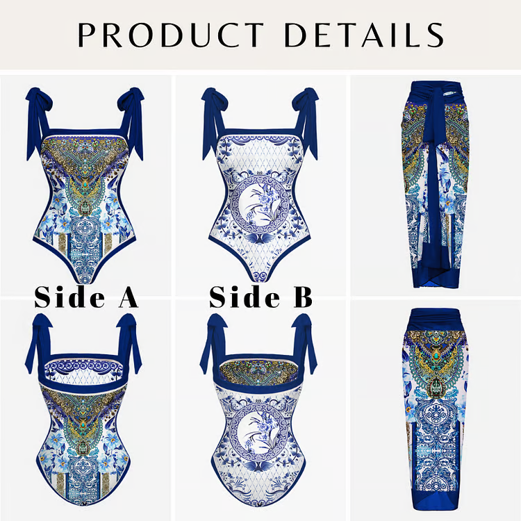 Rina - Reversible Tie-shoulder One Piece Swimsuit Set