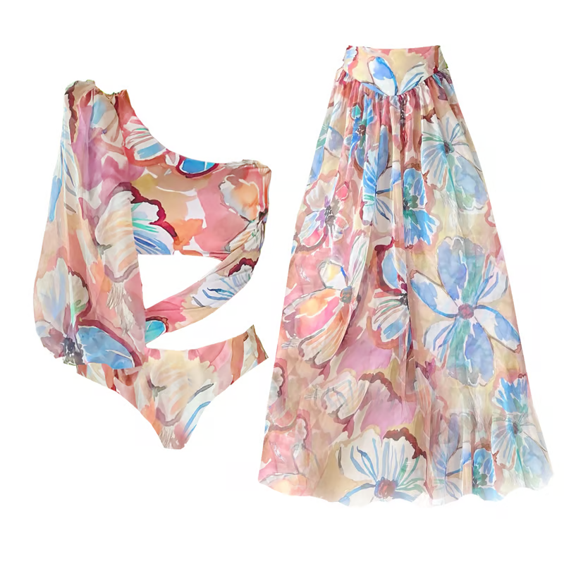 Corey - One Shoulder Floral Print Swimsuit Set