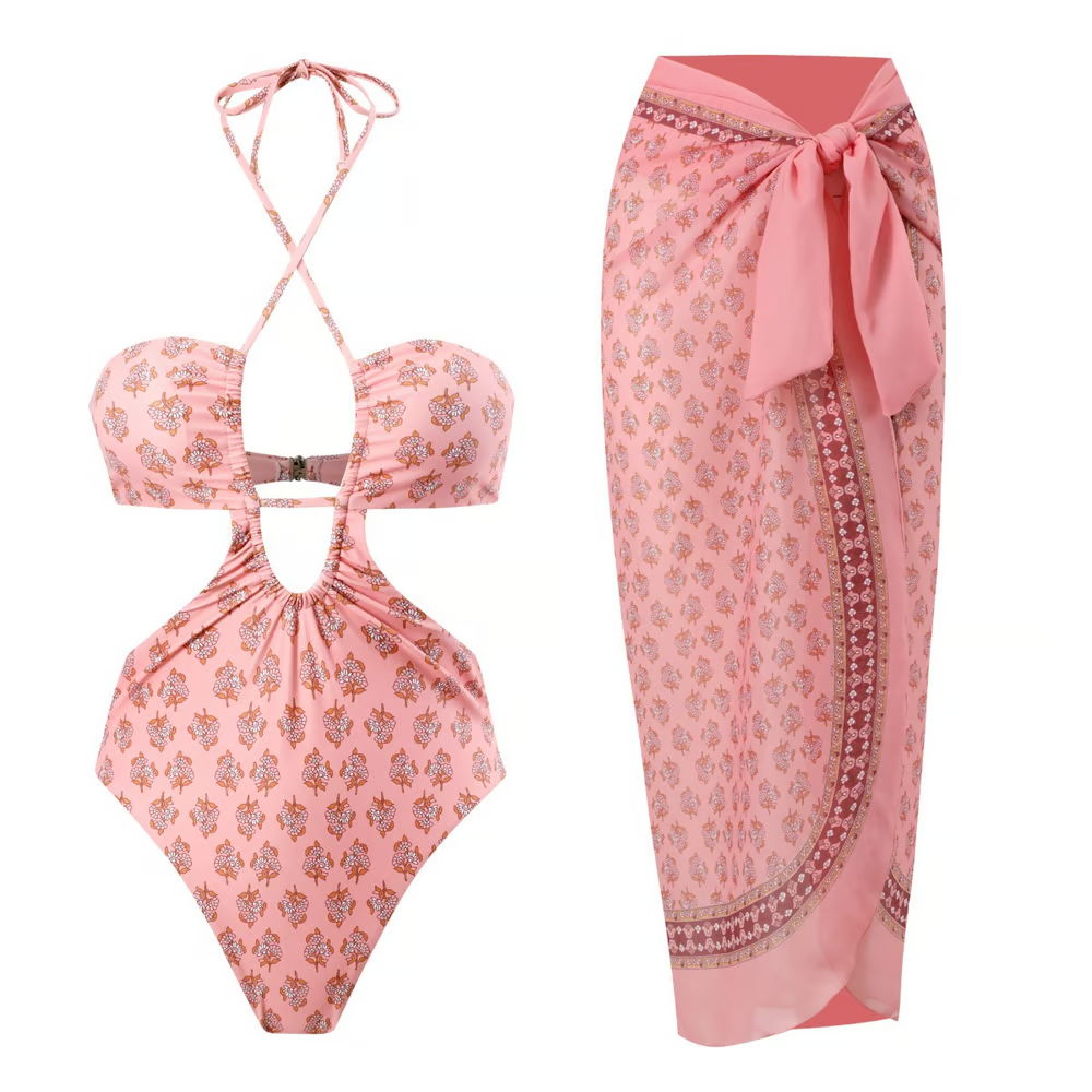 Mia - Moroccan Printed Ruched Halter-neck One-piece Swimsuit Set
