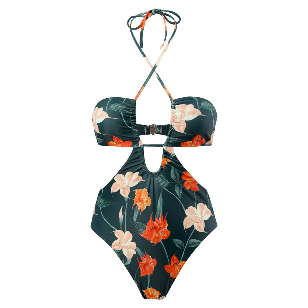 Mia - Moroccan Printed Ruched Halter-neck One-piece Swimsuit Set