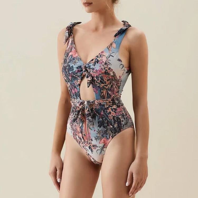 Poki - Shoulder Tie Hollow Print One Piece Swimsuit Set