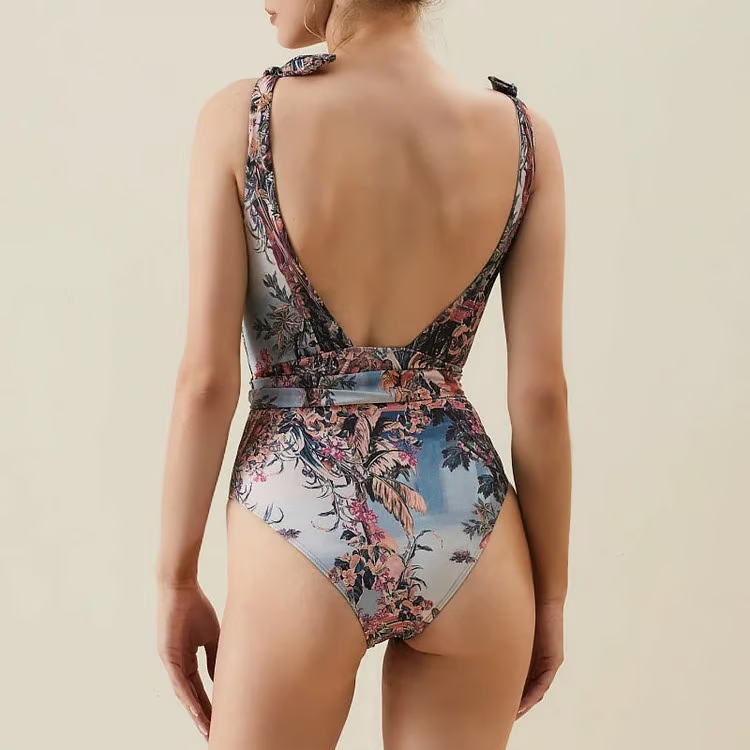 Poki - Shoulder Tie Hollow Print One Piece Swimsuit Set