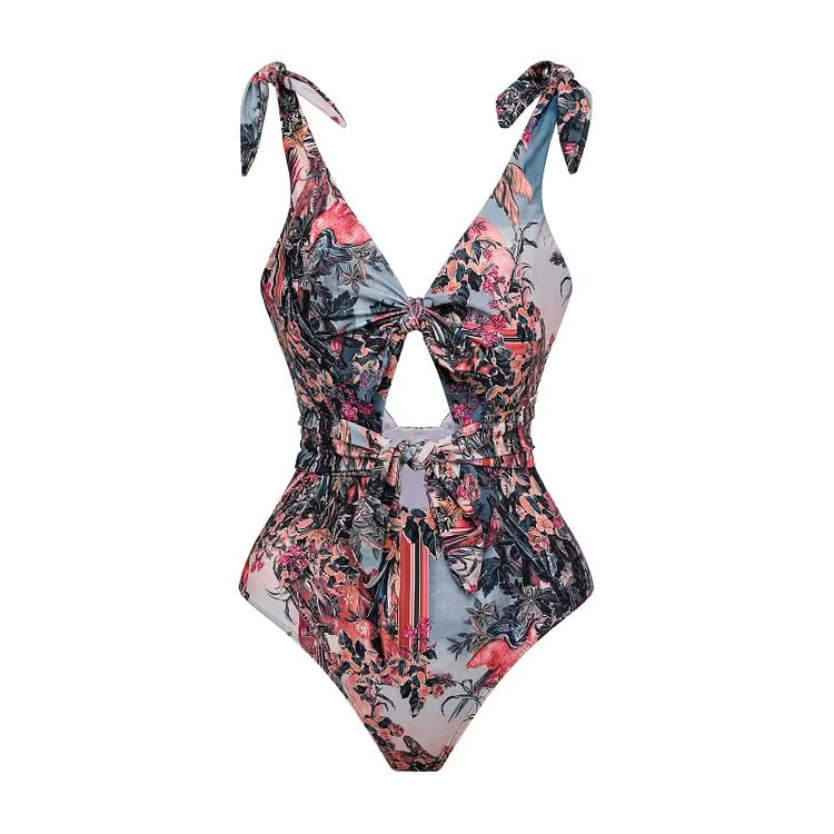Poki - Shoulder Tie Hollow Print One Piece Swimsuit Set