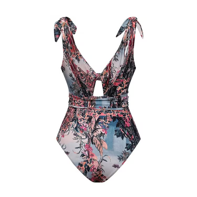 Poki - Shoulder Tie Hollow Print One Piece Swimsuit Set