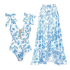 Tina - Bandage Bowknot Design Print One Piece Swimsuit Set