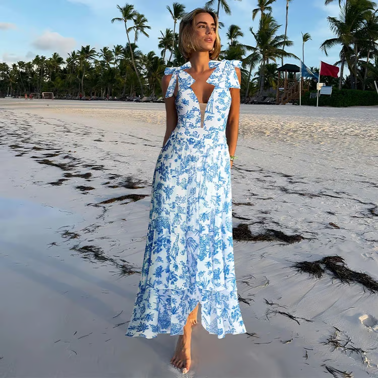 Tina - Bandage Bowknot Design Print One Piece Swimsuit Set