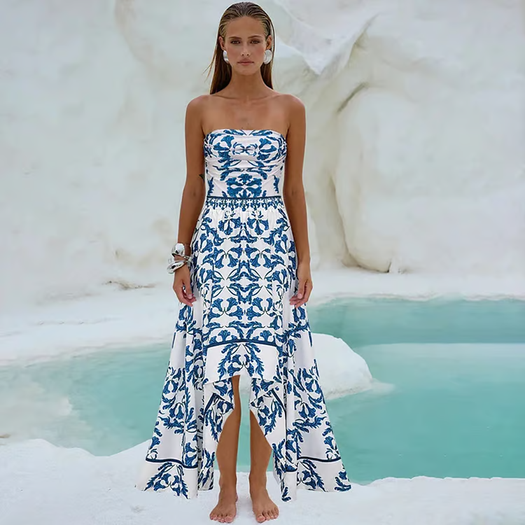 Imane - Strapless Style Frilled Printed One Piece Swimsuit Set
