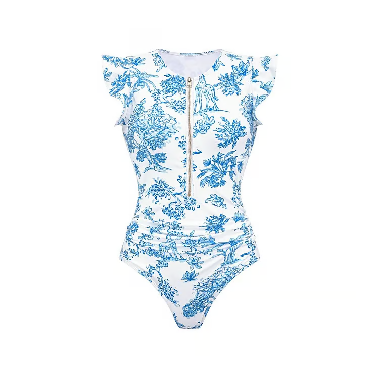 Ash - Ruffle Zip Front Print One Piece Swimsuit Set