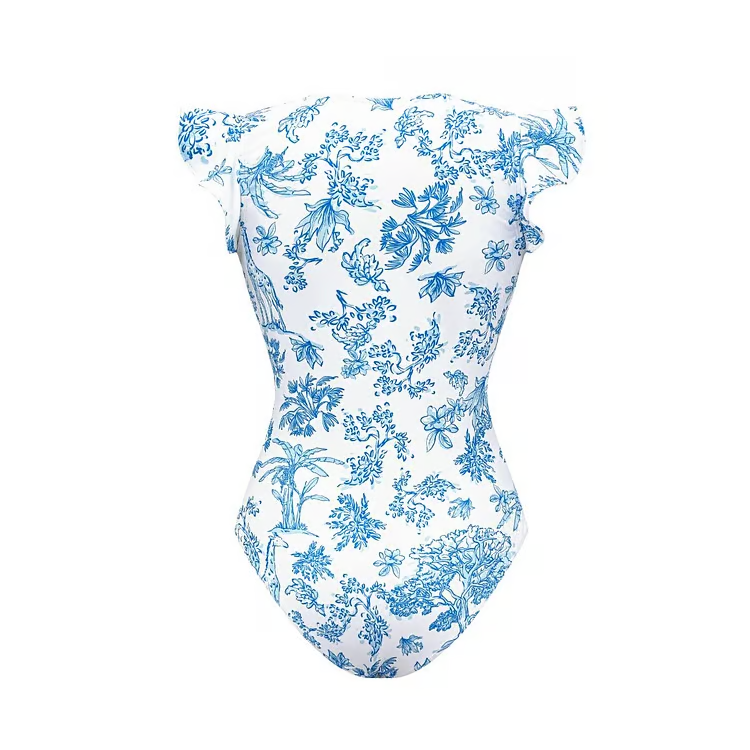 Ash - Ruffle Zip Front Print One Piece Swimsuit Set