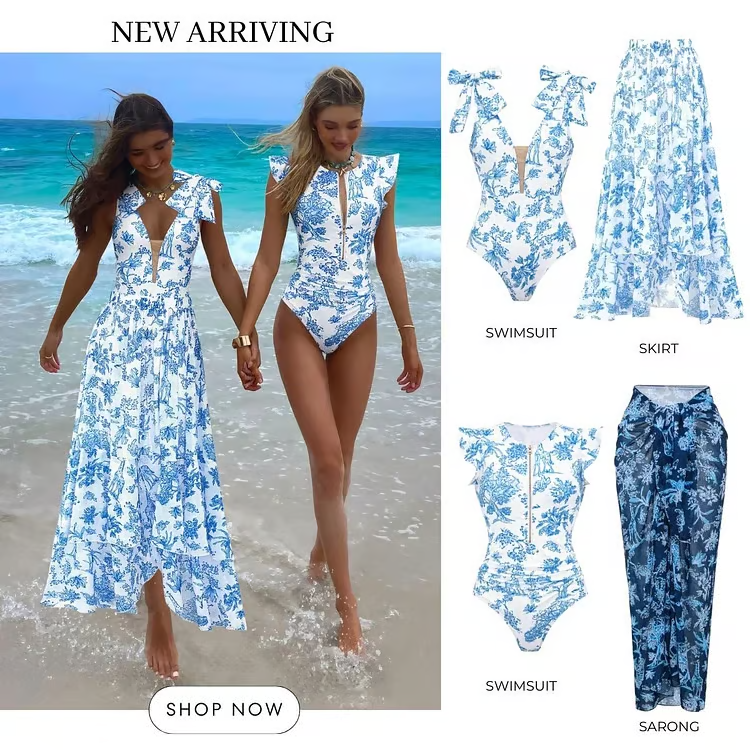 Ada - Bandage Bowknot Design Print One Piece Swimsuit Set
