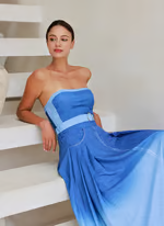 Mikah - Off Shoulder Denim Pattern Print One Piece Swimsuit Set