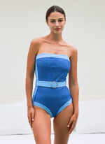 Mikah - Off Shoulder Denim Pattern Print One Piece Swimsuit Set