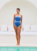 Mikah - Off Shoulder Denim Pattern Print One Piece Swimsuit Set
