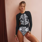 Sheila - Color Block Printed Long Sleeve One Piece Surf Swimsuit Set