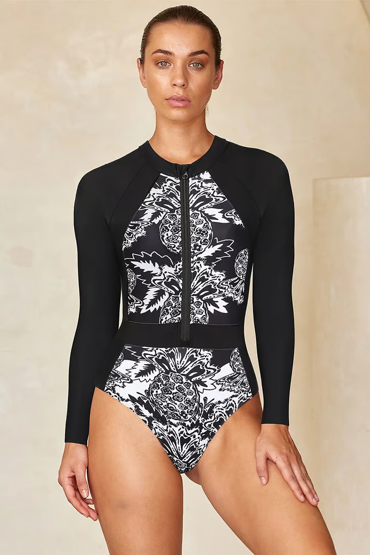 Sheila - Color Block Printed Long Sleeve One Piece Surf Swimsuit Set