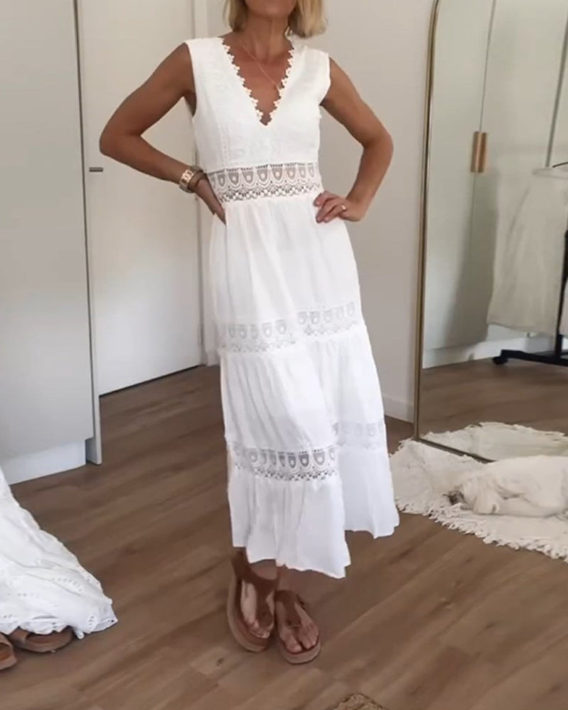 Sora™ – Ärmlös Boho Midiklänning med Spetsdetaljer