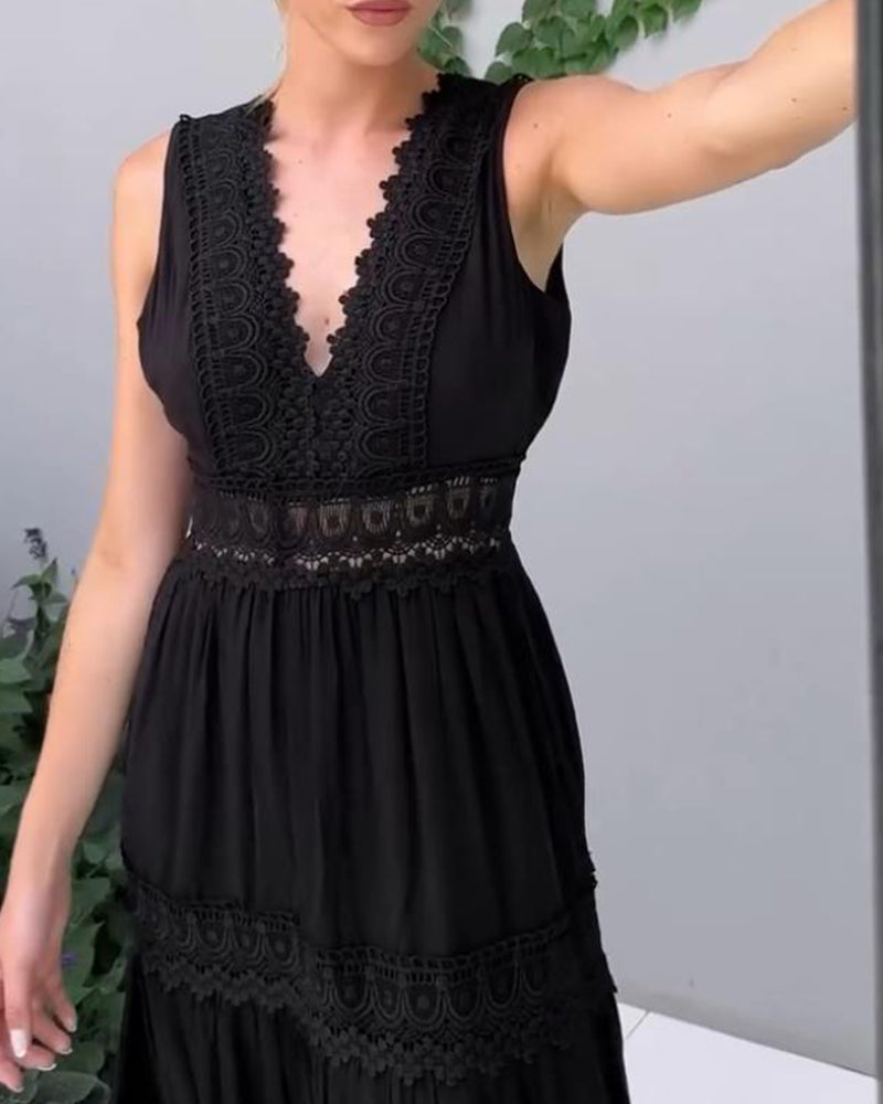 Sora™ – Ärmlös Boho Midiklänning med Spetsdetaljer