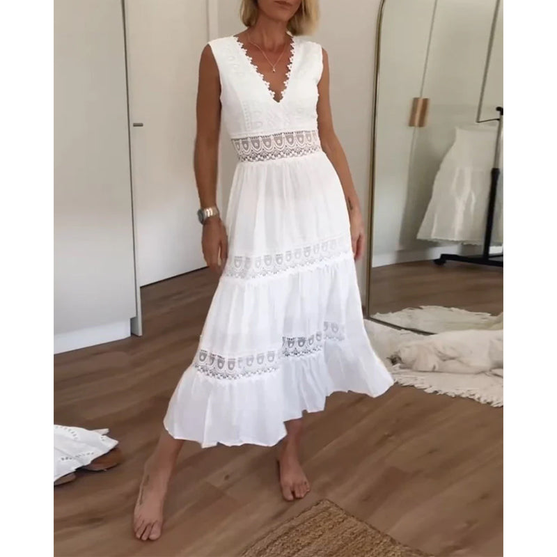 Sora™ – Ärmlös Boho Midiklänning med Spetsdetaljer