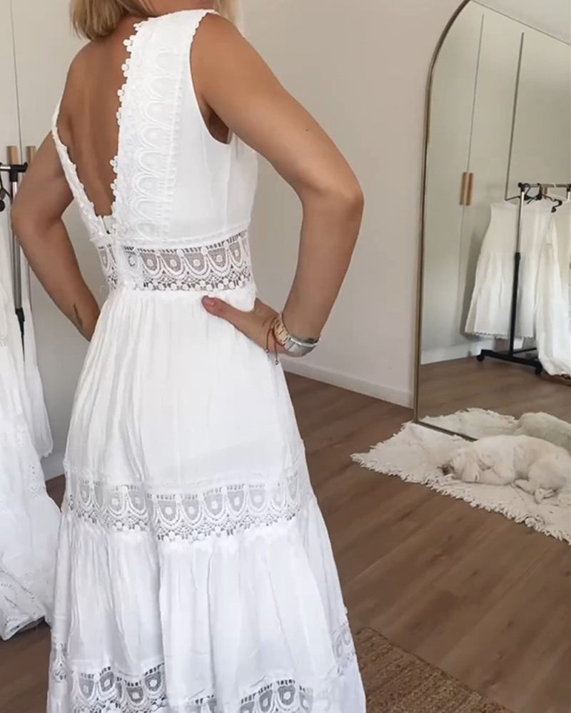 Sora™ – Ärmlös Boho Midiklänning med Spetsdetaljer